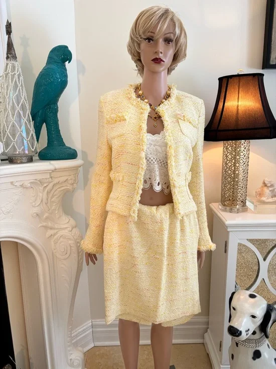 Maxime Pastel Yellow Tweed Skirt Set with Orange Accents - Picture 2 of 14